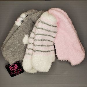 Sugar 3 Pac No Show Fluffy Sock Shoe Size 4 - 11 Pink Grey Stripes Solid & Cat